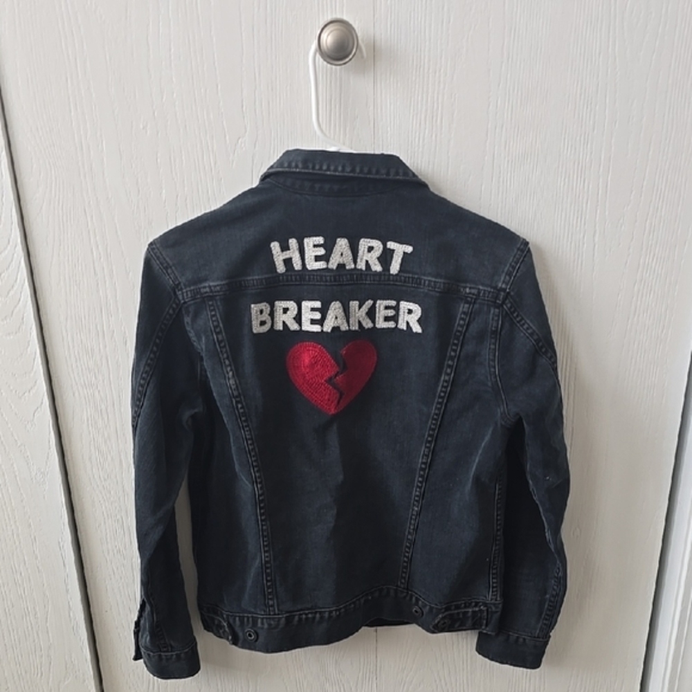 Heart Breaker Lucky Brand Size Small Distressed Black Denim Jacket